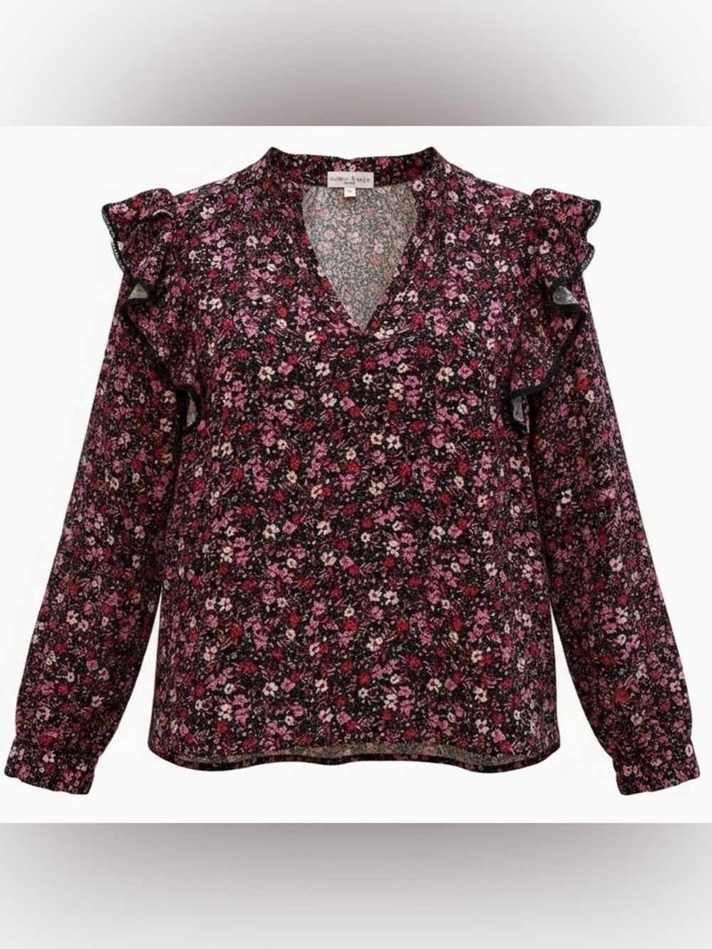 Koko + Mason Floral Ruffle Sleeve Blouse Sheer V-Neck Boho Top Size M